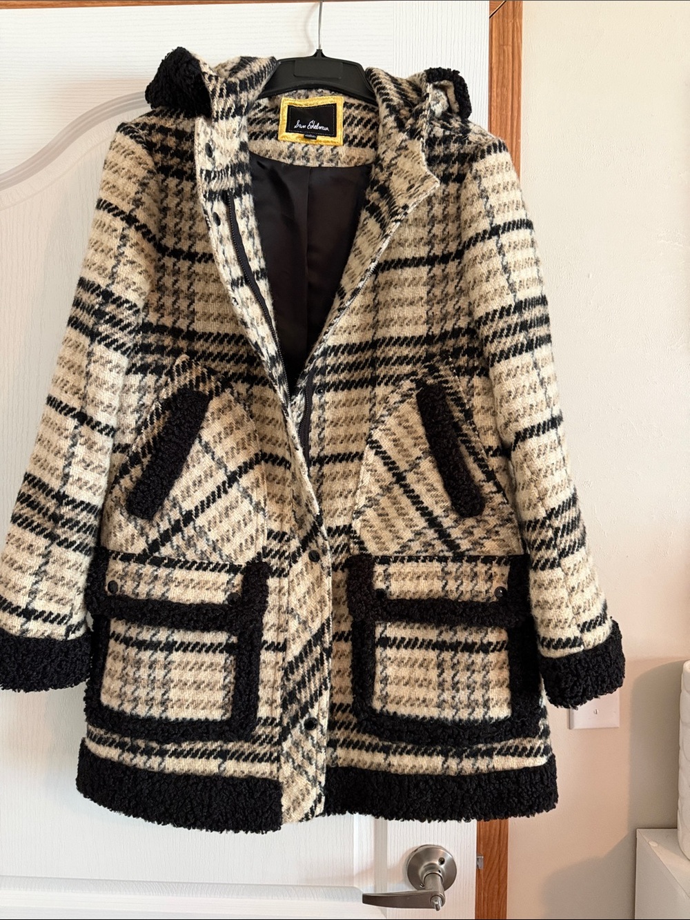 Sam Edelman Black & Cream Plaid Hooded Pea Coat